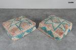 Teal & Beige Moroccan Pouf Set – 24x24 Vintage Wool Ottomans