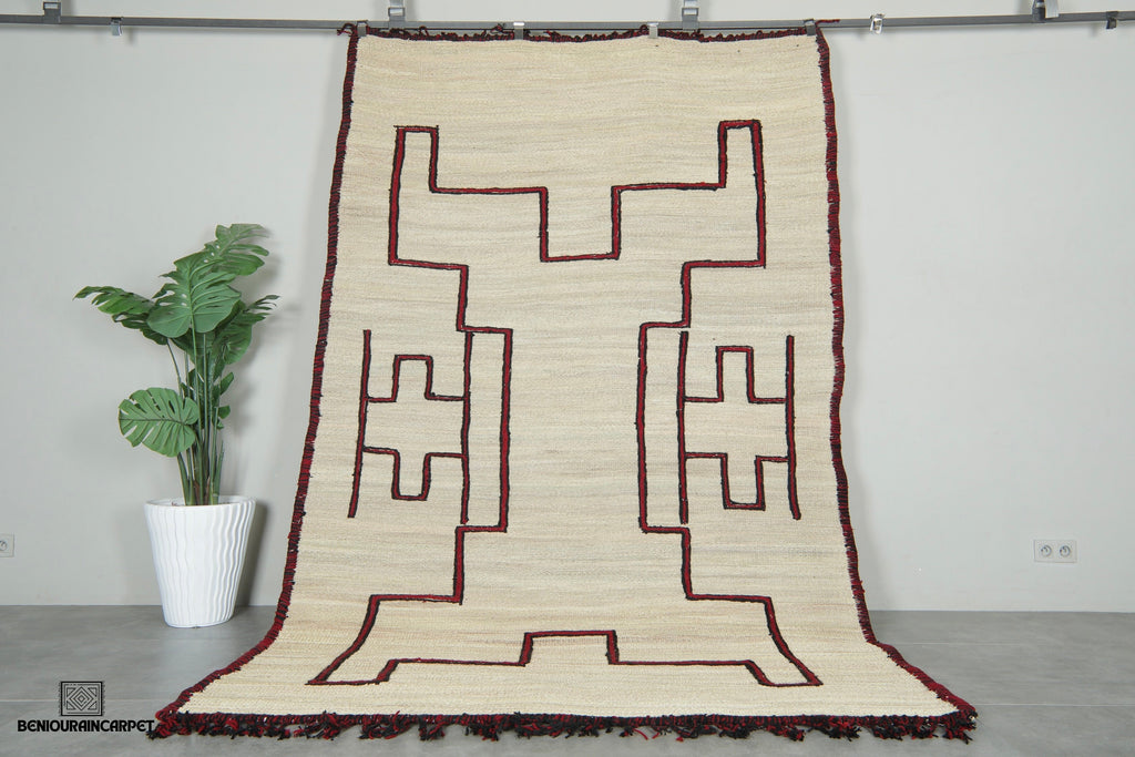 Custom Moroccan hssira rug - Handmade palm leaf mat with red and black wool design