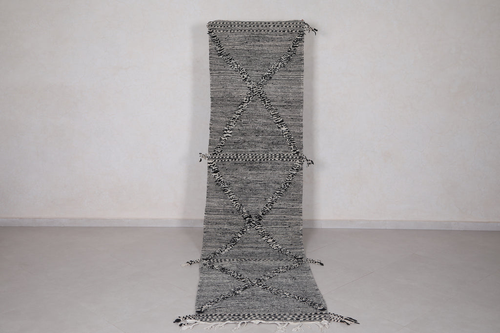 Black and cream runner rug - Custom handwoven wool with diamond pattern