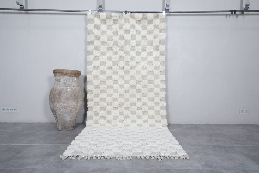 Custom cream & beige checkered rug - Moroccan runner rug