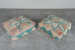 Teal & Beige Moroccan Pouf Set – 24x24 Vintage Wool Ottomans