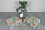 Teal & Beige Moroccan Pouf Set – 24x24 Vintage Wool Ottomans