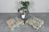 Teal & Beige Moroccan Pouf Set – 24x24 Vintage Wool Ottomans