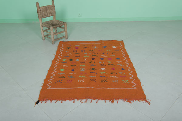 Orange old flatwoven Moroccan berber rug – 3.5 FT x 4.6 FT | Authentic vintage handcrafted design