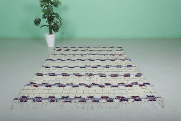 Authentic Moroccan wedding rug 5.3 FT x 8.3 FT | Ivory with blue & red embroidery
