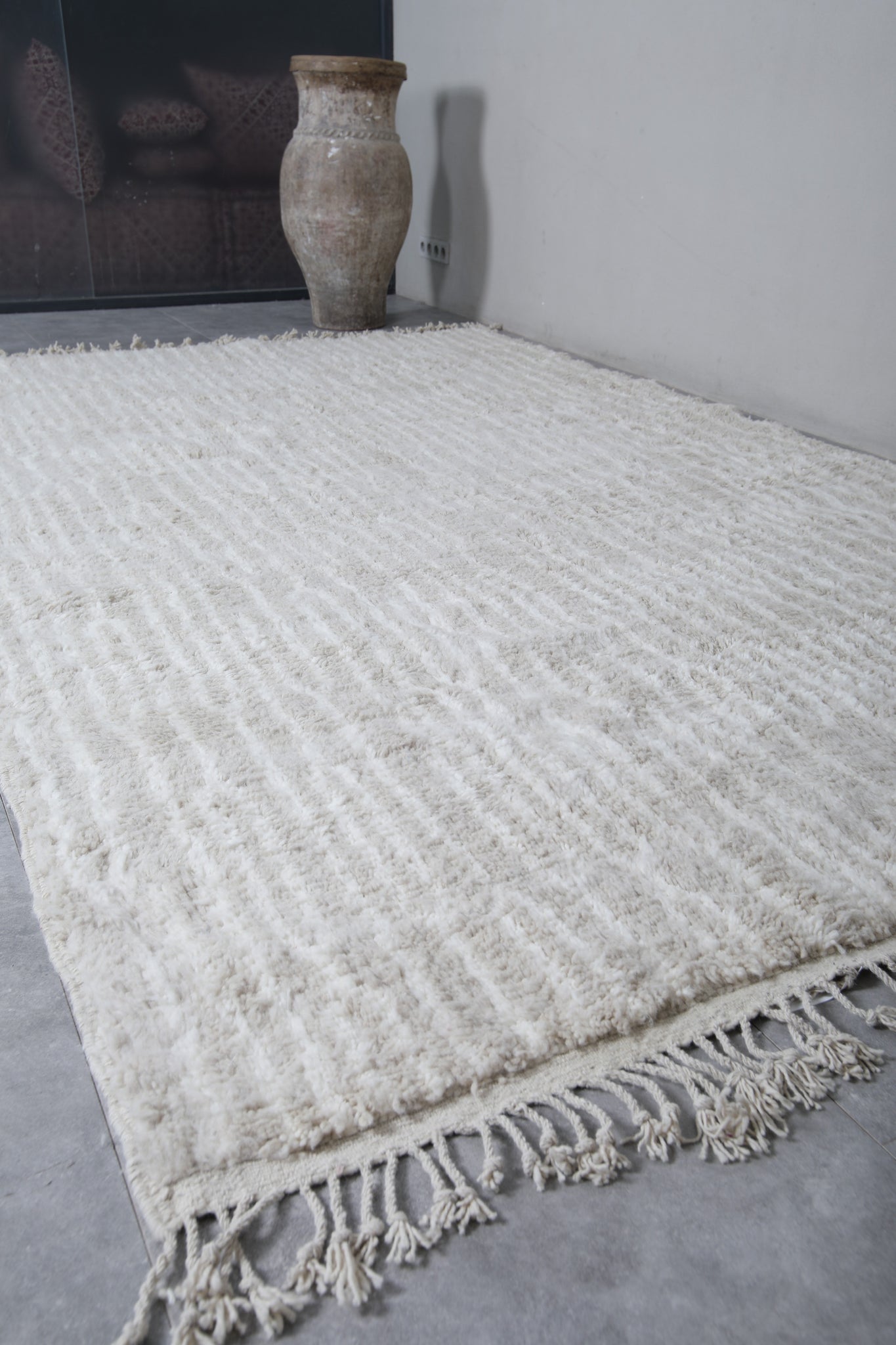 Custom Beige Moroccan Rug – White Striped Design – Beni ourain rug