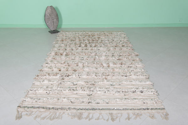 Handmade Moroccan runner rug with sequins 5 FT x 8.9 FT | Elegant ivory design