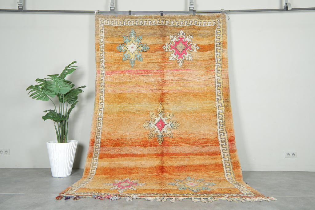Orange Moroccan boucherouite rug - 6.2 feet x 9.5 feet - Handmade wool rug