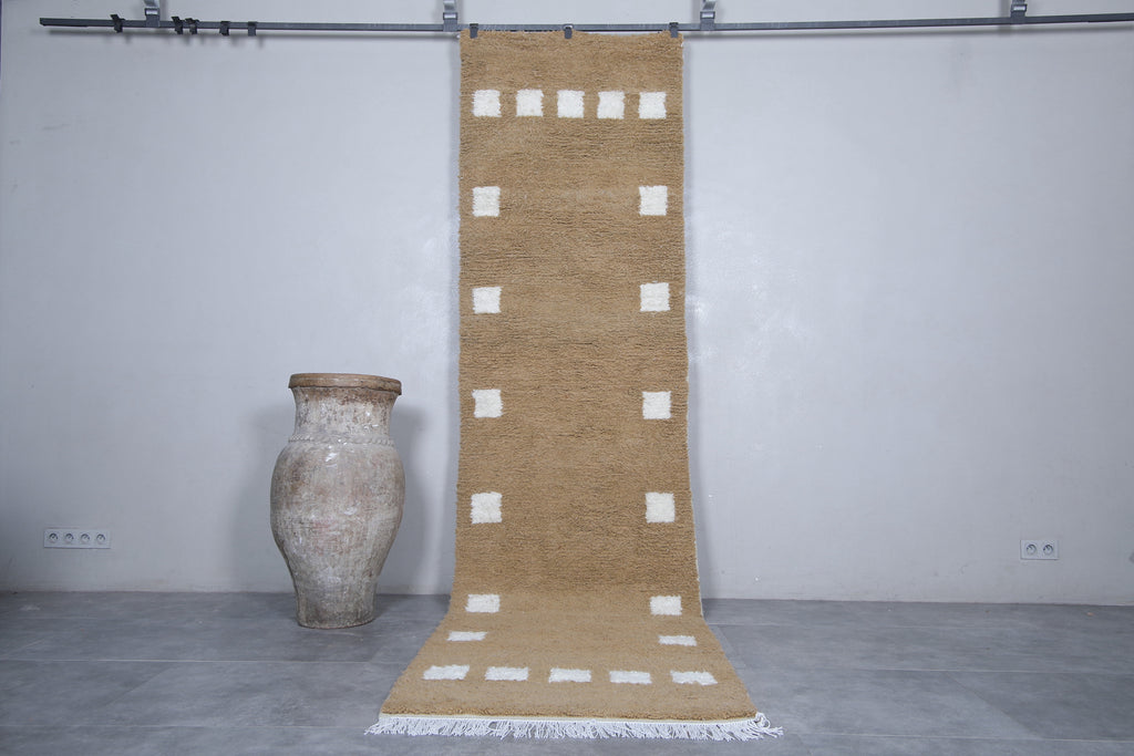 Custom light brown Moroccan rug with white checkered design