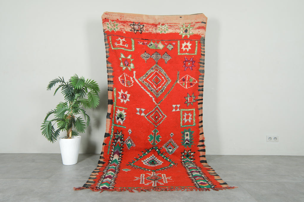 Azilal Moroccan rug - Red wool with berber symbols - 4.1 feet x 8.8 feet