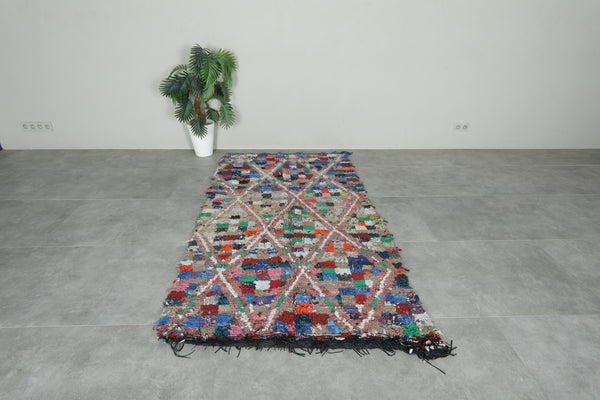 Multicolor & checkered & geometric Moroccan boucherouite rug - 3.9 ft x 7.5 ft