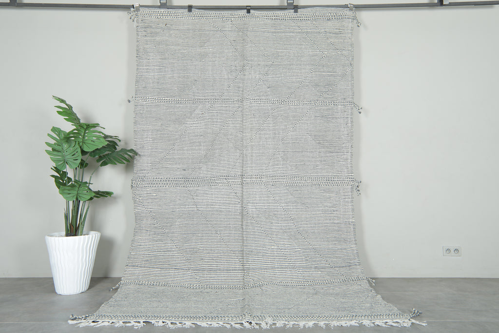 Gray & white striped Moroccan flatwoven rug - 6.4 ft x 9.9 ft