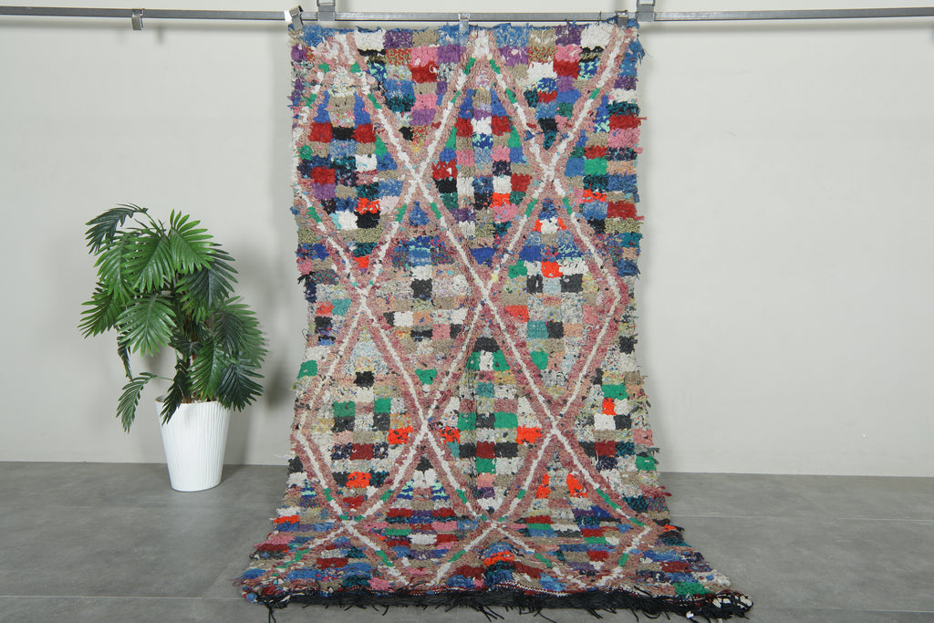 Multicolor & checkered & geometric Moroccan boucherouite rug - 3.9 ft x 7.5 ft