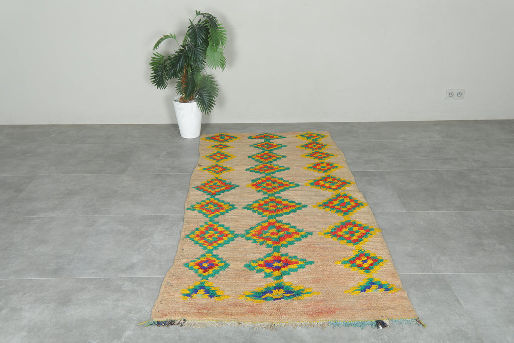 Colorful geometric Moroccan berber rug with beige base - 3.6 ft x 7.6 ft