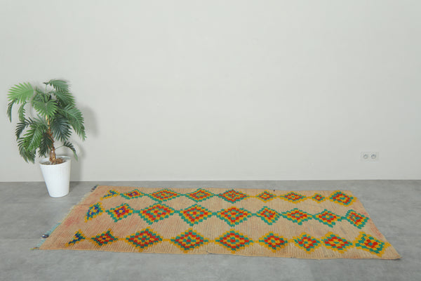 Colorful geometric Moroccan berber rug with beige base - 3.6 ft x 7.6 ft
