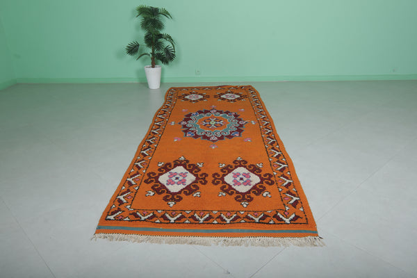 Handwoven Moroccan berber rug 4.1 X 11.3 feet - Bold orange with traditional motifs