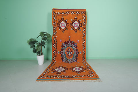 Handwoven Moroccan Berber Rug – 4.1 x 11.3 Feet, Bold Orange with Traditional Motifs