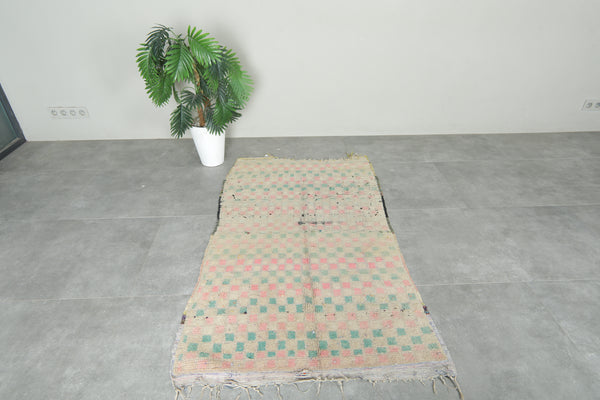 Beige Moroccan rug with pink & green checkered design - 3.2 ft x 5.5 ft