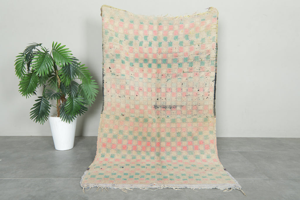 Beige Moroccan rug with pink & green checkered design - 3.2 ft x 5.5 ft