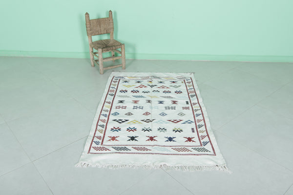 Handwoven berber Moroccan flat rug – 3.2 x 4.9 ft | Geometric artisan decor