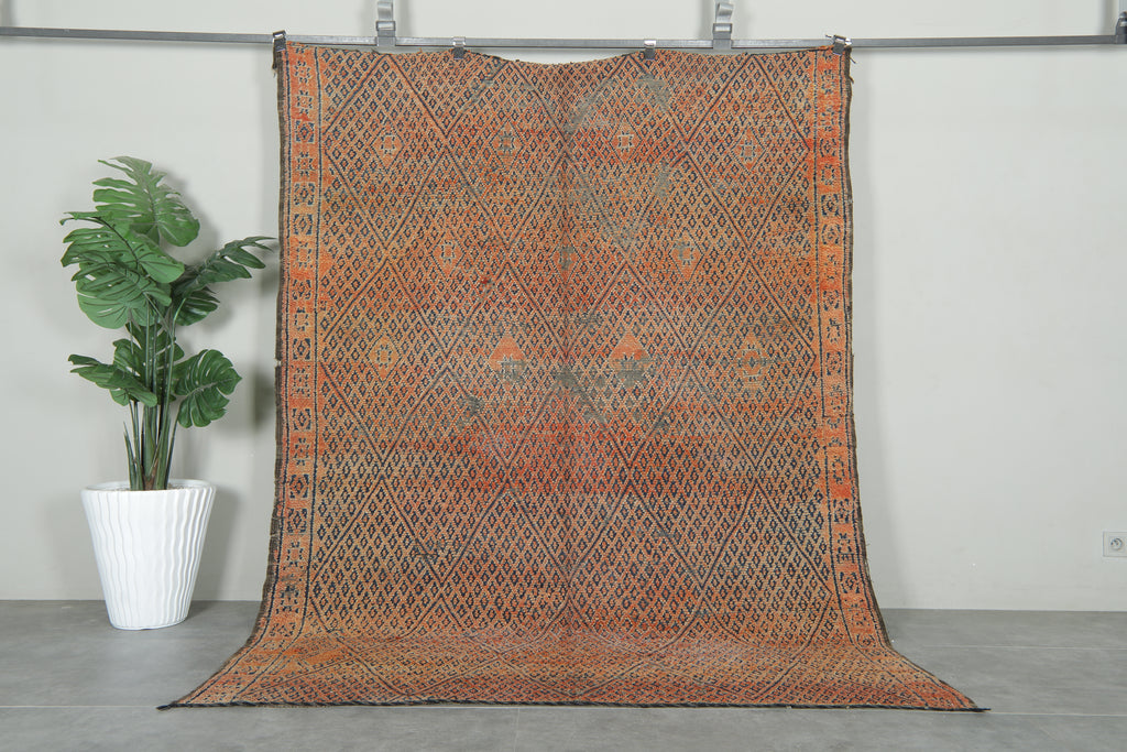 Rust & navy geometric Moroccan rug - Handwoven vintage look - 6.2 ft x 8.4 ft