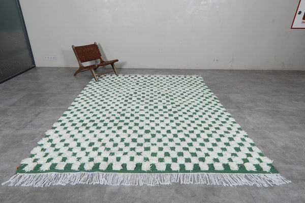 7.8 x 9.8 FT Moroccan checkerboard rug – Green and white wool statement piece