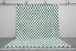 7.8 x 9.8 FT Moroccan Checkerboard Rug – Green and White Wool Statement Piece