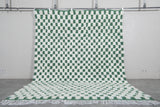 7.8 x 9.8 FT Moroccan Checkerboard Rug – Green and White Wool Statement Piece