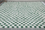 7.8 x 9.8 FT Moroccan Checkerboard Rug – Green and White Wool Statement Piece