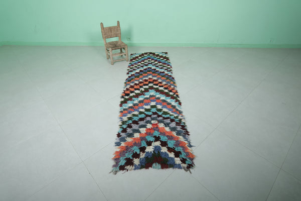 Handmade Moroccan berber rug 2.3 x 7.9 ft colorful checkered shag