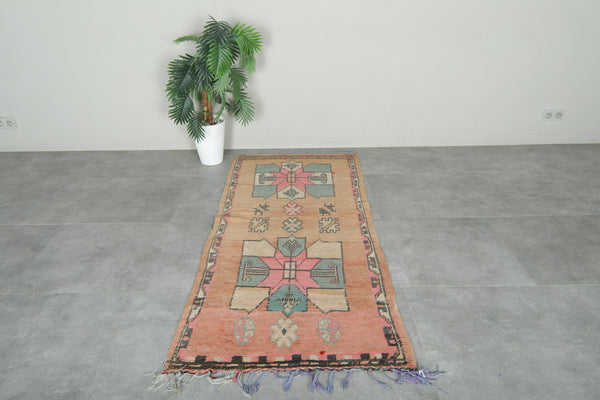 Vintage burnt orange tribal wool rug with teal & pink accents - 2.8 ft x 6.5 ft