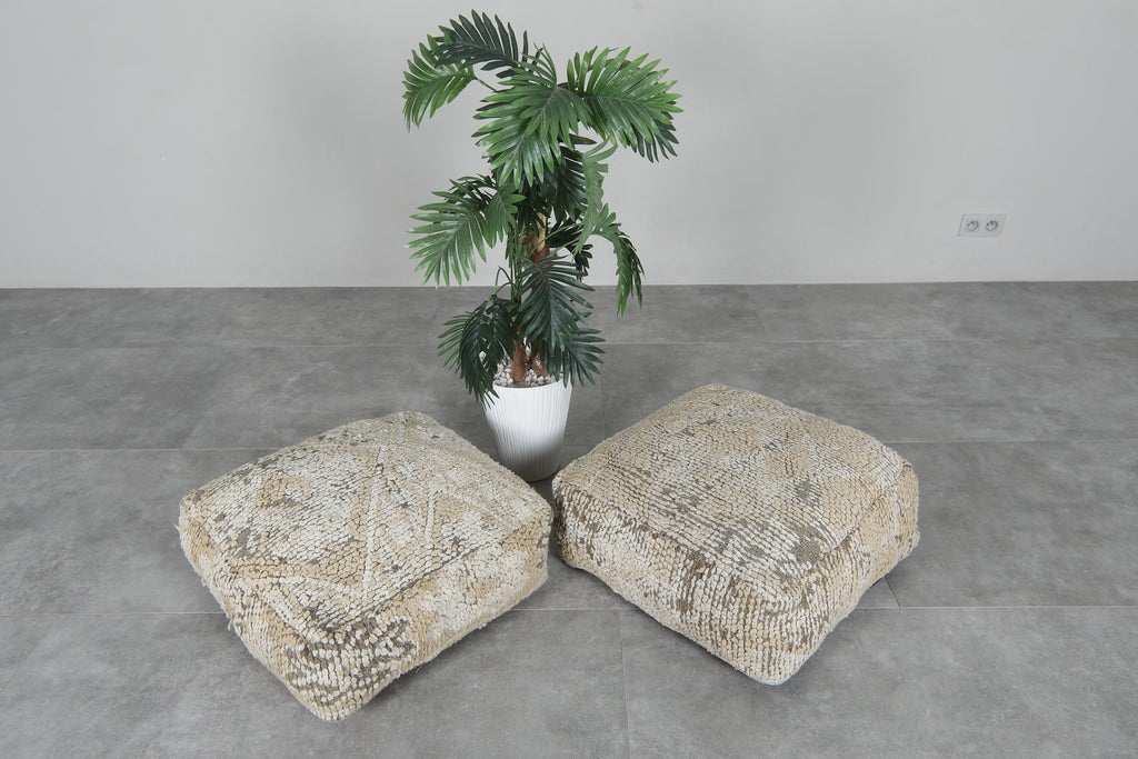 Set of 2 vintage Moroccan poufs - Neutral handwoven floor cushions