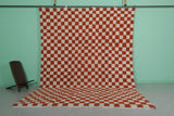 Large Moroccan Checkered Beni Ourain Rug – 9 x 12 FT, Red and White Handmade Carpet