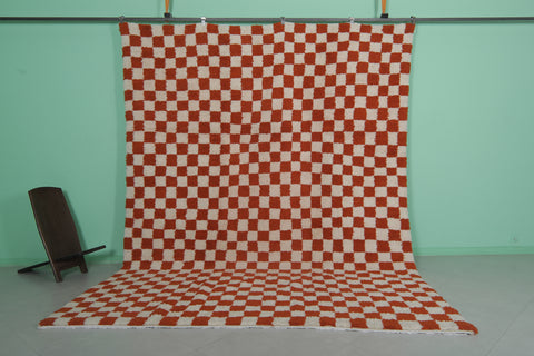 Large Moroccan Checkered Beni Ourain Rug – 9 x 12 FT, Red and White Handmade Carpet