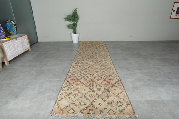 Beige runner Moroccan rug with geometric rug - 3.7 ft x 14.3 ft