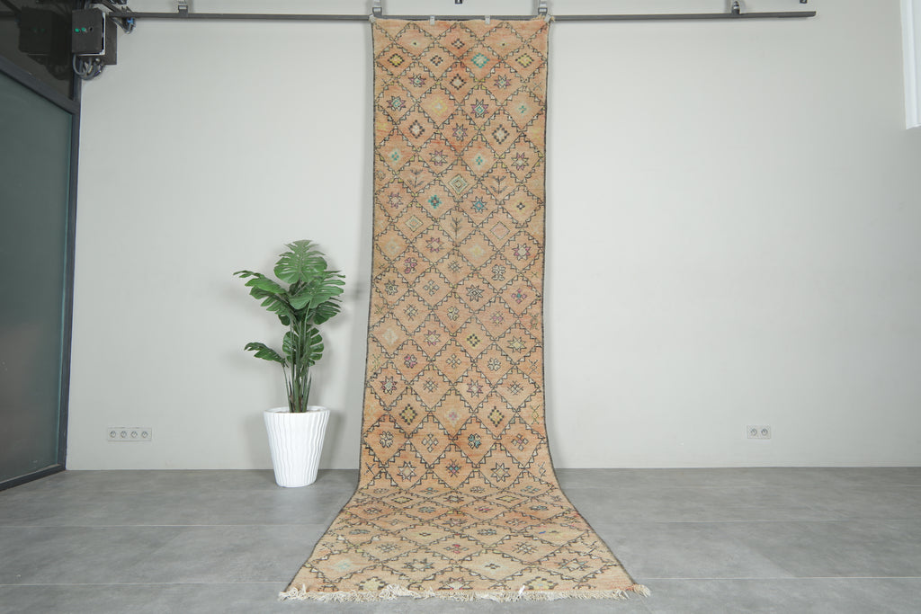 Beige runner Moroccan rug with geometric rug - 3.7 ft x 14.3 ft