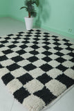 Checkered Moroccan Rug – 5.5 x 5.9 ft Black and White Handmade Wool Rug