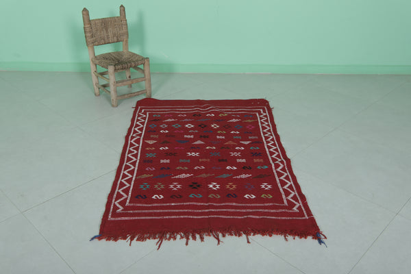 Red vintage handwoven kilim – 3.1 FT x 4.6 FT | Traditional Moroccan rug