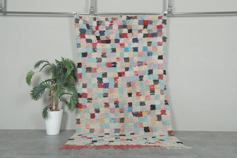 Pastel Pixel Boucherouite Rug – 4.3 x 7.1 ft Handwoven Moroccan Checkerboard