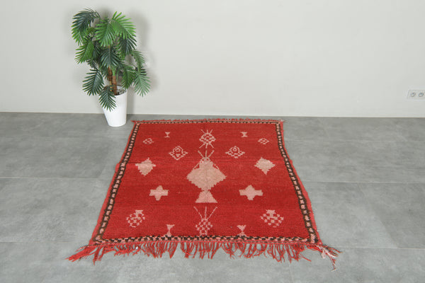 Vintage Moroccan red berber rug with pink tribal motifs - 4.2 ft x 5 ft