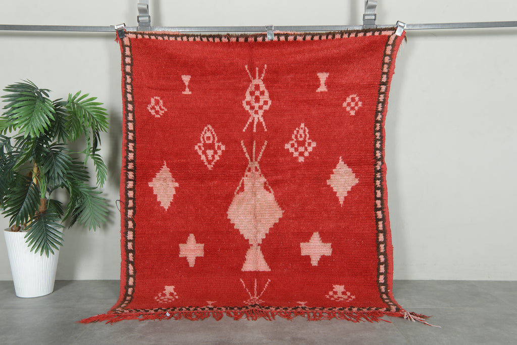 Vintage Moroccan red berber rug with pink tribal motifs - 4.2 ft x 5 ft