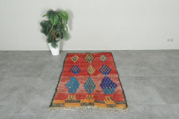 Vibrant red vintage Moroccan rug with multicolor diamond motifs - 3.1 ft x 4.9 ft
