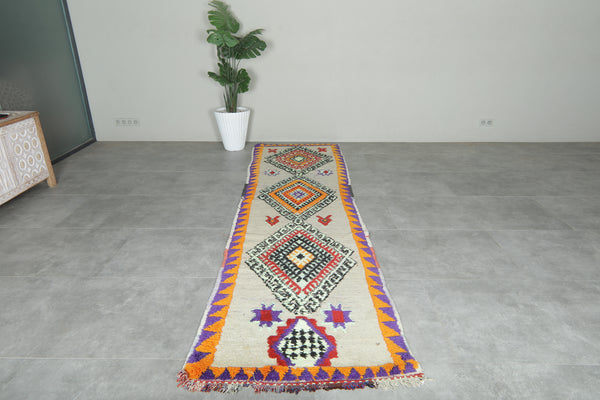 Vibrant Moroccan runner rug with bold geometric diamond - 3 ft x 11.4 ft