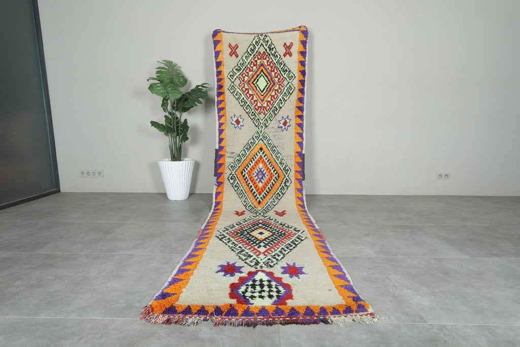 Vibrant Moroccan runner rug with bold geometric diamond - 3 ft x 11.4 ft