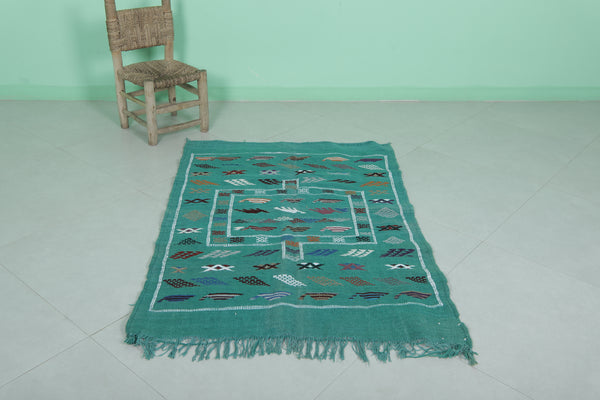 Green Moroccan handwoven kilim – 3 FT x 4.6 FT | Authentic berber wool rug