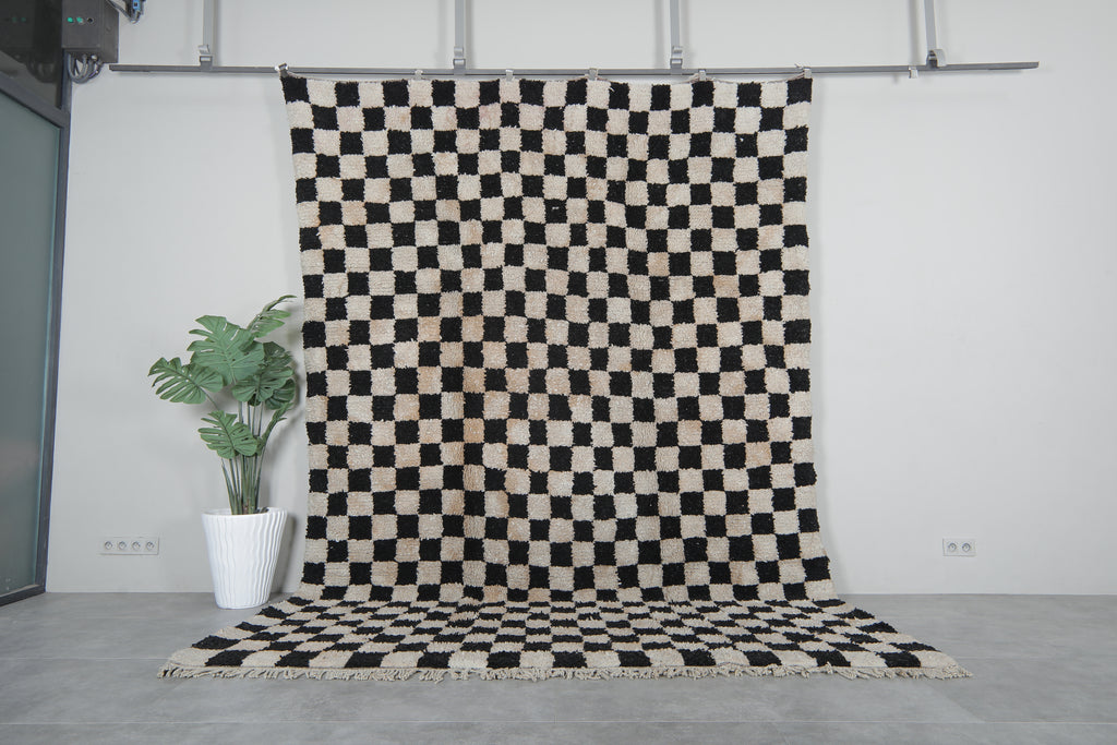 Black & White Checkerboard Moroccan Rug - 9x12 ft Handwoven Wool Area Carpet