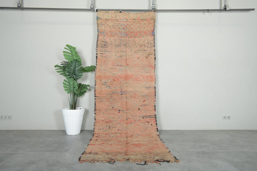 Vintage Moroccan runner rug with faded peach base - 3.5 ft x 10.2 ft