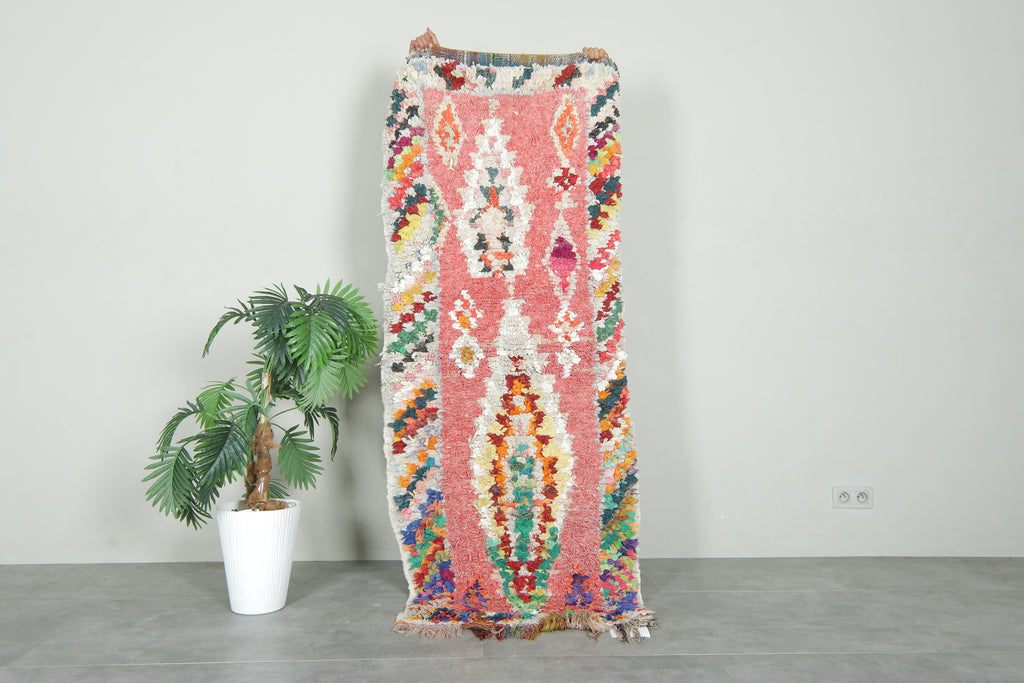 Pink & multicolor geometric Moroccan boucherouite rug - 2.7 ft x 6.6 ft