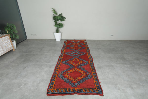 Bold geometric Moroccan runner rug in red and multicolor - 3.4 ft x 10.3 ft
