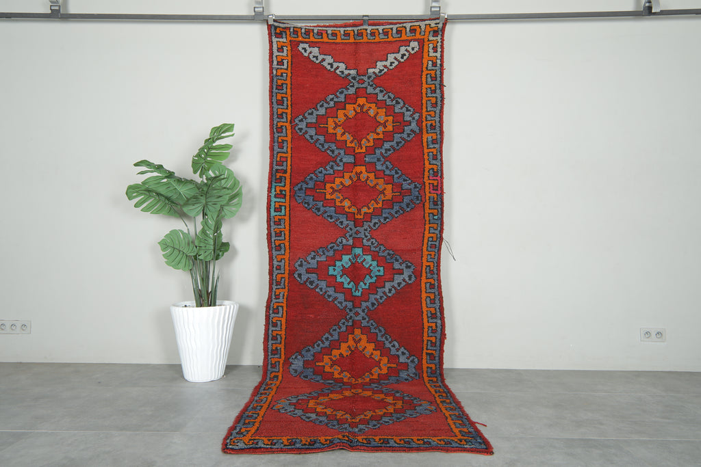 Bold geometric Moroccan runner rug in red and multicolor - 3.4 ft x 10.3 ft